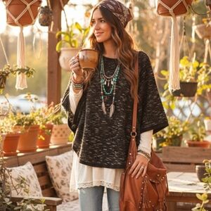 Textured Tweed Button-Side Poncho Layering Top - One Size